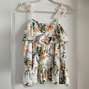 CATO Linen Blend Tropical Floral Tank Ruffle Tie Strap M